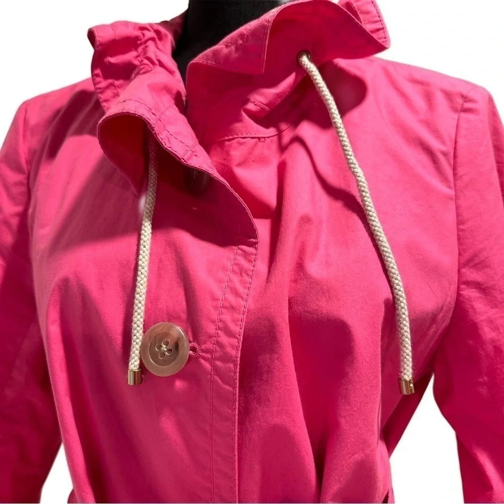 J. Crew Trench Coat Hot Pink Lightweight Lined Belted Ruffled Collar L EUC